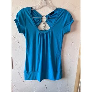 Y2K Candy Rain Turquoise Blue O-Ring Cutout Back Short Sleeve Top Medium USA